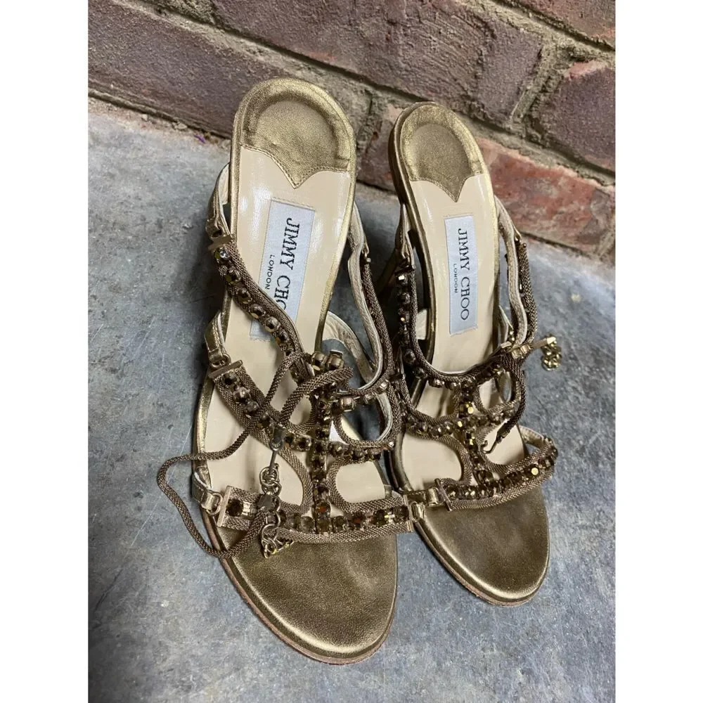 Jimmy Choo Gold Metallic Leather And Jewel Embellished Strappy Sandals - Picture 11 of 12